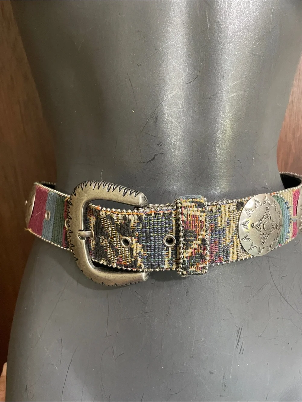 Silver Concho and Jacquard fabric belt